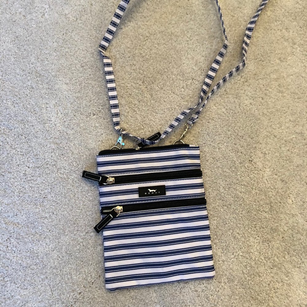 Blue and white striped crossbody bag, from Scout.
